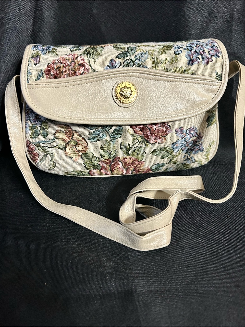 Mitzi Vintage Women’s Cream Floral Tapestry Crossbody Bag with Gold Accent